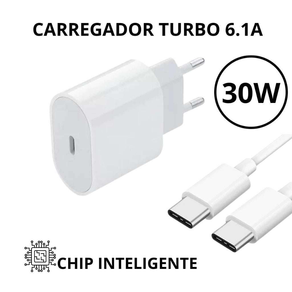 Carregador TURBO 30W 6.1A TIPO-C p/ TIPO-C PRO Compativel Iphone 15 Pro Max